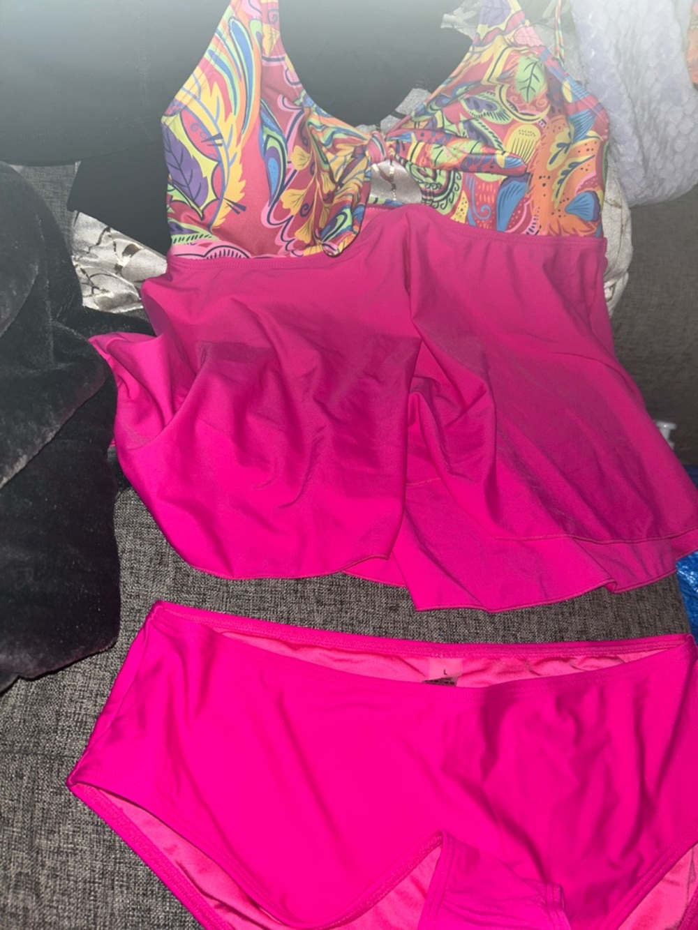 Bright Pink Two-Piece Tankini with Colorful Paisley Top - Picture 3 of 5